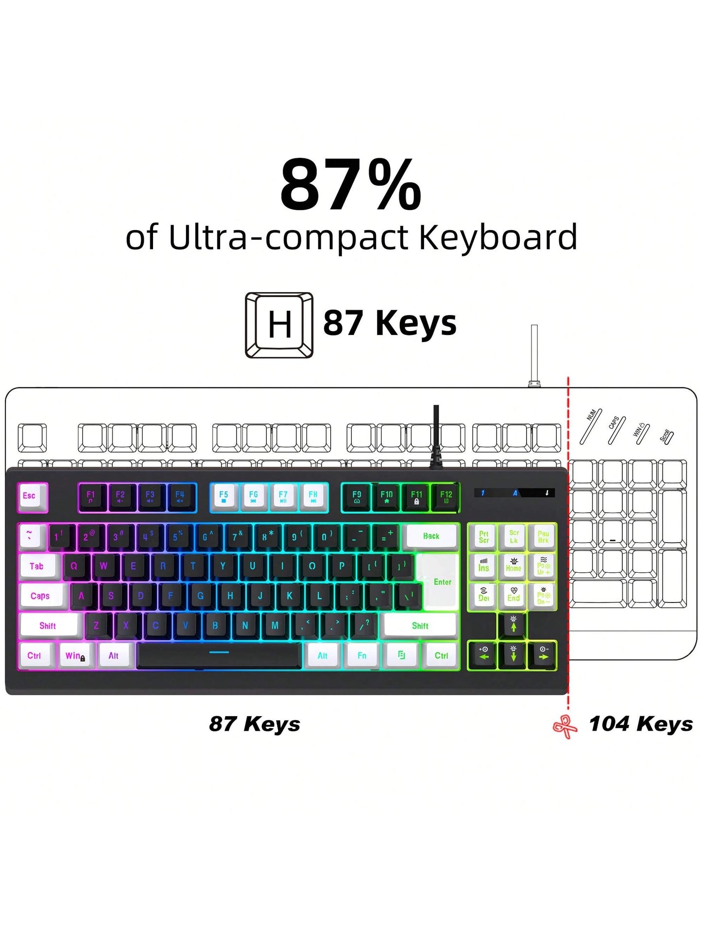 Snpurdiri Rgb Illuminated, Compact Gaming Keyboard, Usb Cable 87-Key Gaming Keyboard, Led Rainbow Backlit Keyboard, Membrane Keyboard, Suitable for Laptop, Pc Gaming, and Work Keyboard