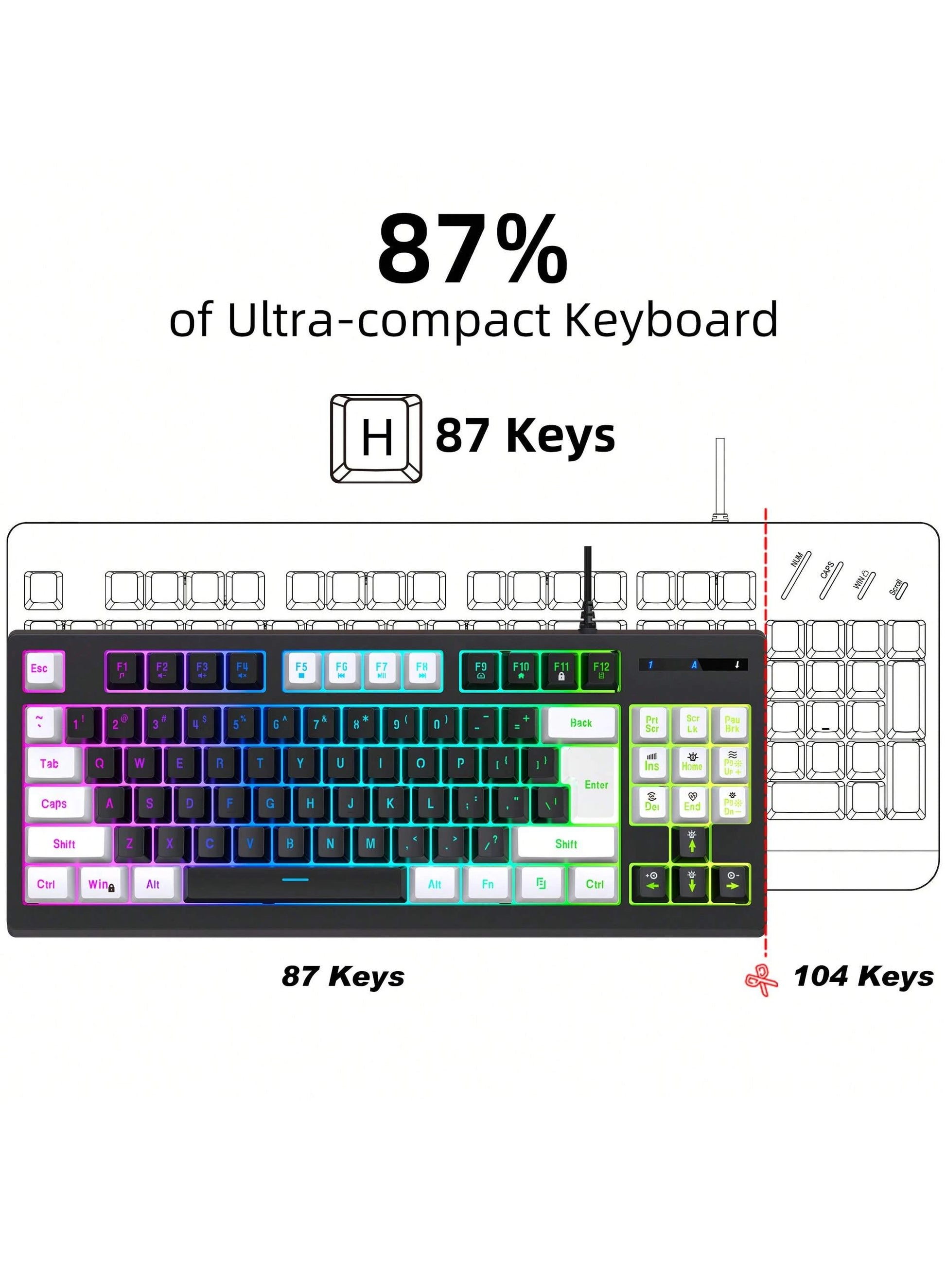 Snpurdiri Rgb Illuminated, Compact Gaming Keyboard, Usb Cable 87-Key Gaming Keyboard, Led Rainbow Backlit Keyboard, Membrane Keyboard, Suitable for Laptop, Pc Gaming, and Work Keyboard