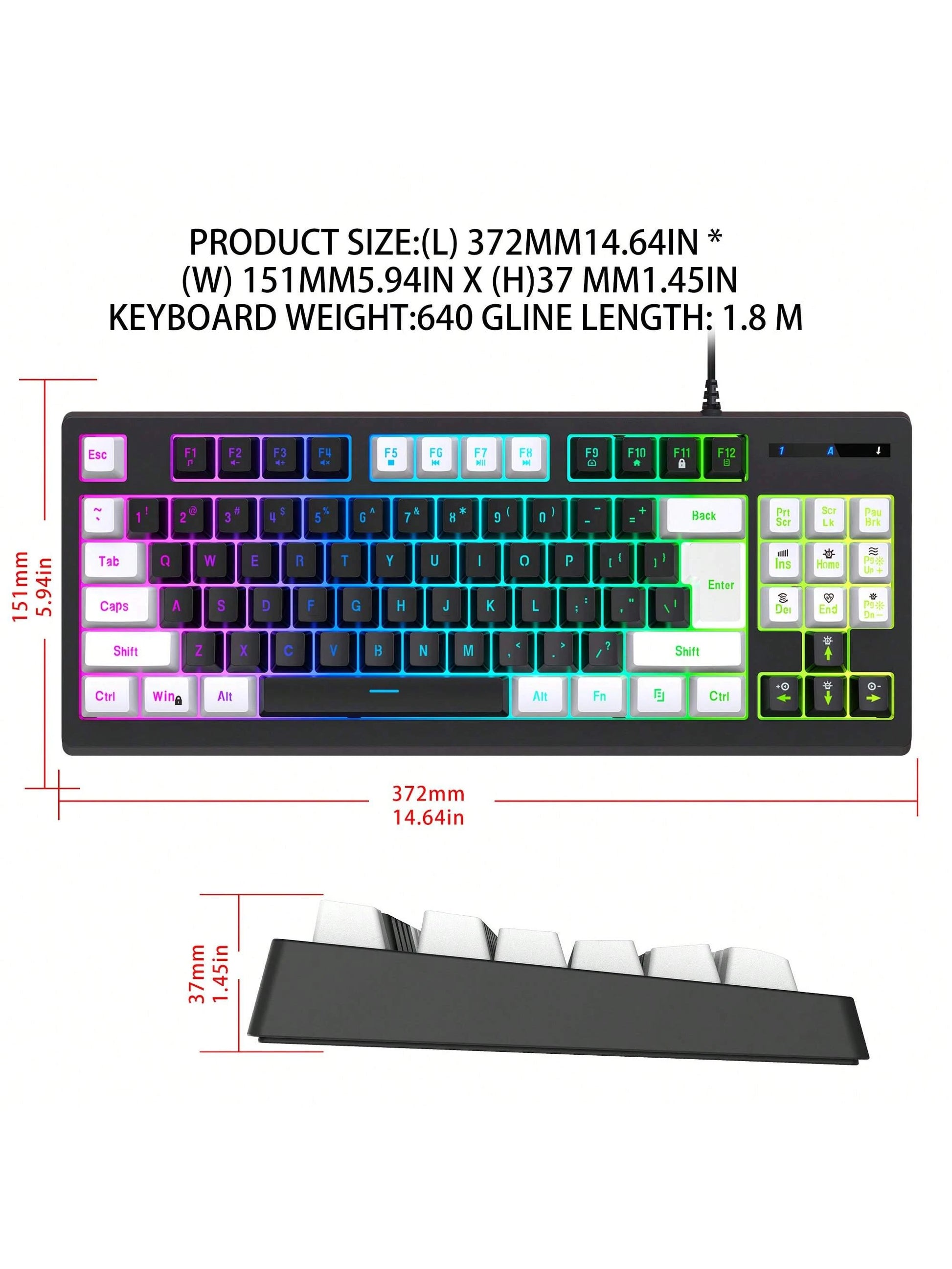 Snpurdiri Rgb Illuminated, Compact Gaming Keyboard, Usb Cable 87-Key Gaming Keyboard, Led Rainbow Backlit Keyboard, Membrane Keyboard, Suitable for Laptop, Pc Gaming, and Work Keyboard
